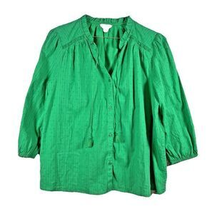 Crown‎ &Ivy Womens Blouse Large Kelly Green Peasant Tassel Balloon Sleeve Spring